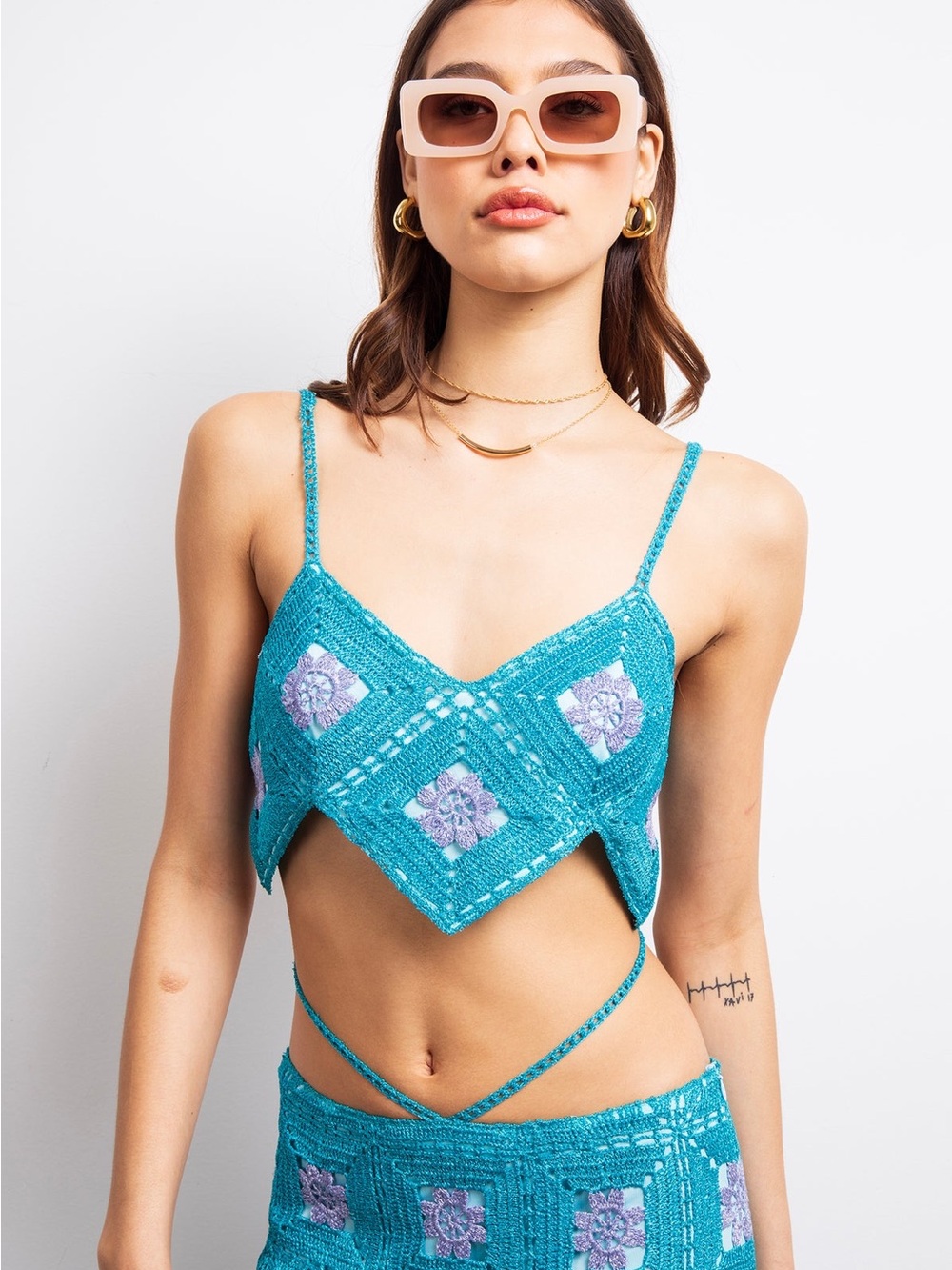 Teal Crochet Diamond Crop Top with Lavender Accents